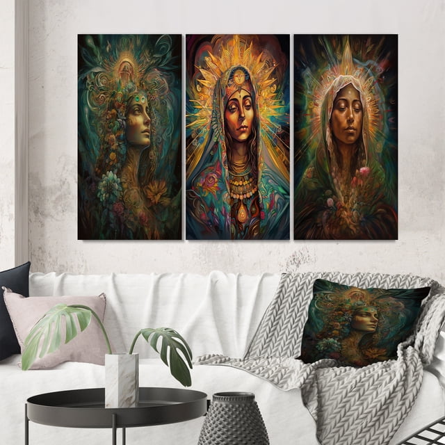 Designart "Holy Mary Radiating Aura IV" Christianism Wall Art Set Of 3 - Traditional Green Gallery Set For Office Decor