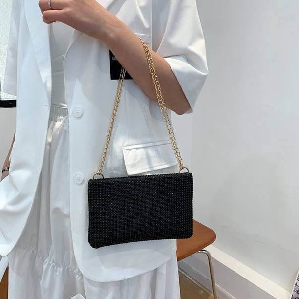 Bandolera con diamantes de imitación para mujer, cadena ostentosa, bolsos de mano pequeños (negro)