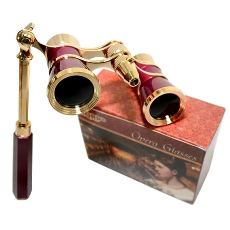 Arabesque Clear Crystal Gift - HQRP Opera Glasses Burgundy with Gold Trim w/ Built-In Extendable Handle, LED w/ Crystal Clear Optic (CCO) in HQRP Gift Box