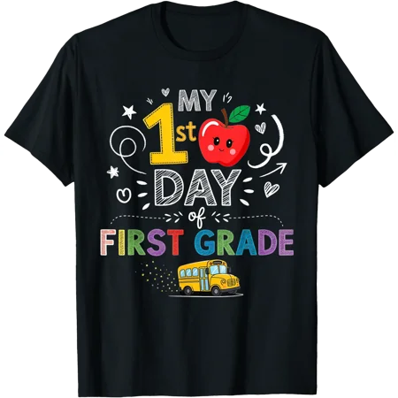 My First Day of 1st Grade School Bus Apple Kids Girls Boys T-Shirt, Unisex T-Shirt