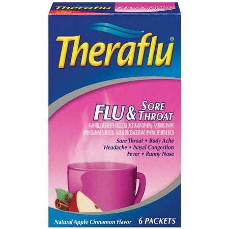 Theraflu Apple Cinnamon Flavor Powder Flu & Sore Throat 6 Ct