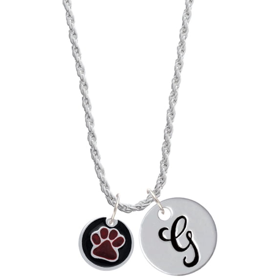 Delight Jewelry Silvertone Maroon Paw on Black Disc Silvertone Script Initial Disc - G - Charm Necklace, 20"+3"