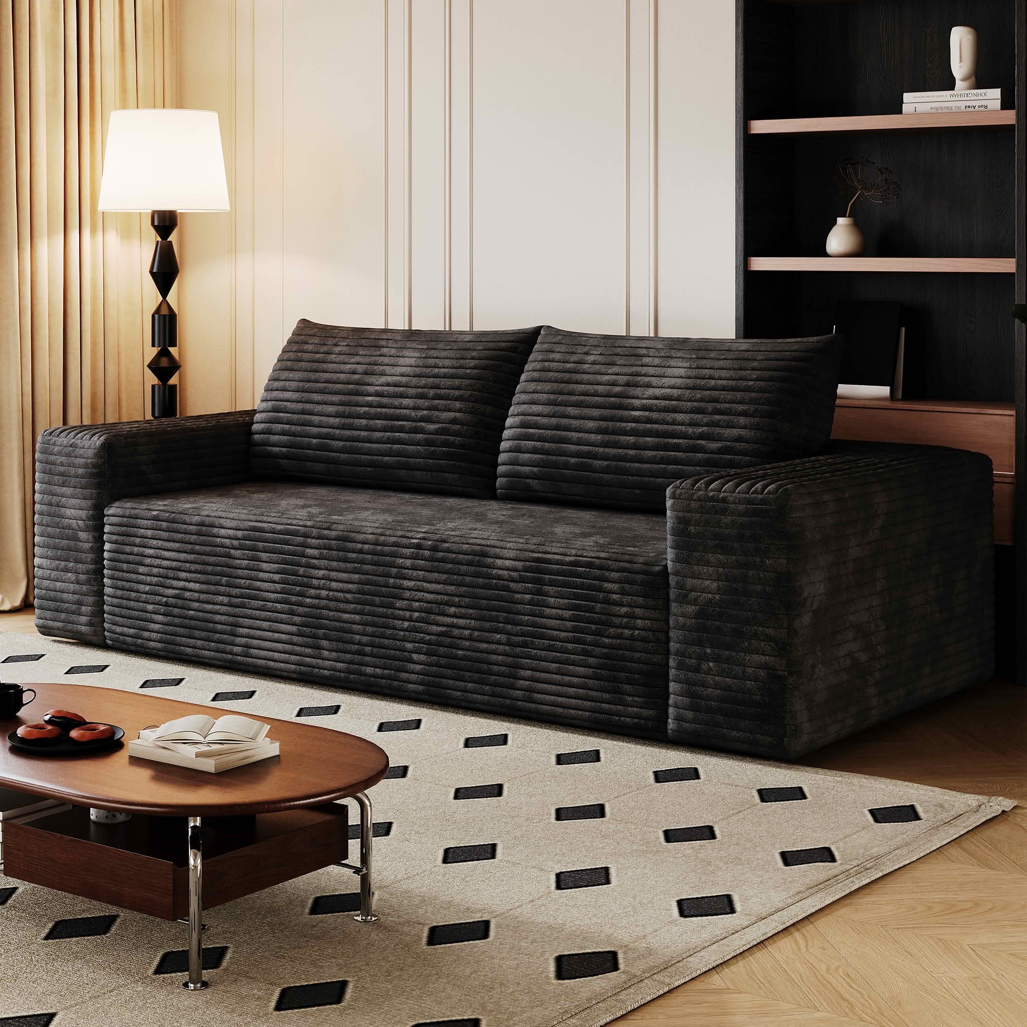 MAYEERTY 71" 3-Seater Corduroy Sofa, Deep Seat Comfy Couch, No Assembly, for Living Room Bedroom Conference Room, Black