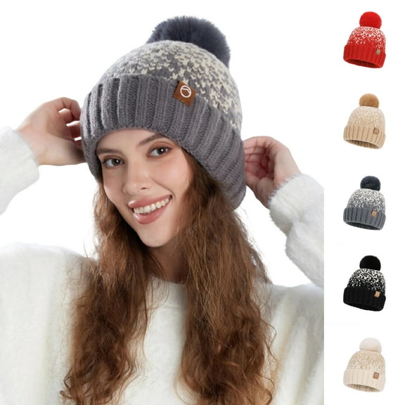 HomeDM Unisex Slouchy Beanie Hat with Faux Fur Pom Stripe Winter Warm Knit Hats Men and Women Soft Beanie Cap Outdoor Gray