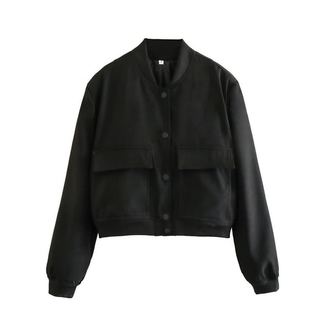 Kmbangi Women's Baseball Jacket Long Sleeve Button Closure Solid Varsity Jacket with Pockets Spring Fall Clothes