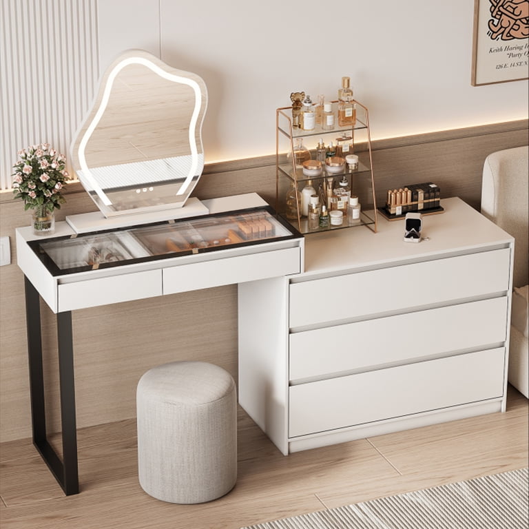 Brottar Corner Makeup Vanity Desk with Mirror and Lights, 58" Modern L-Shaped Vanity Table with Glass Top, Large Dressing Table with 2 Drawers & 3 Brottar Corner Makeup Vanity Desk with Mirror and Lights, 58" Modern L-Shaped Vanity Table with Glass Top, Large Dressing Table with 2 Drawers & 3