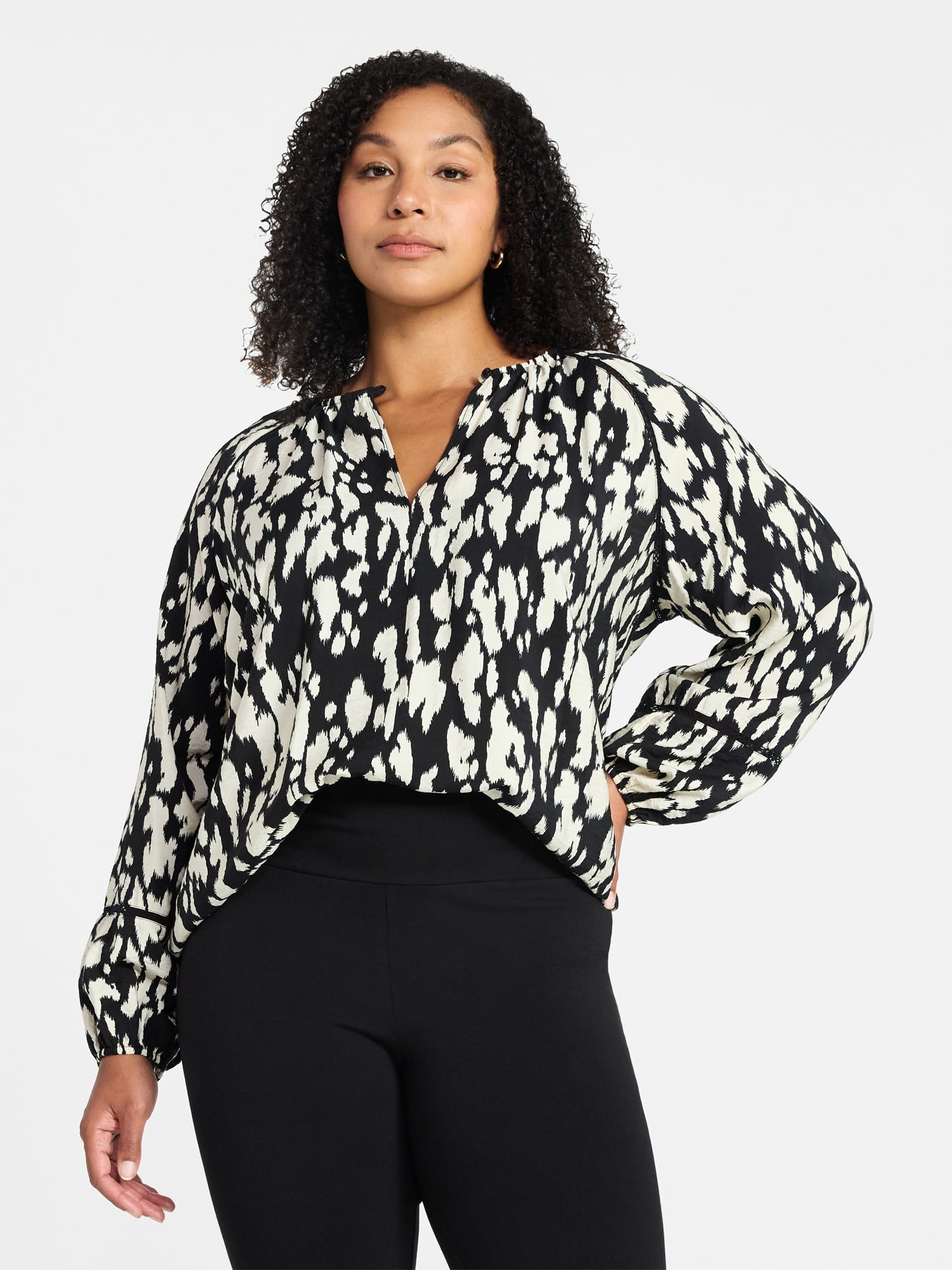 Time and Tru Women's Peasant Blouse with Long Sleeves, Sizes XS-XXXL