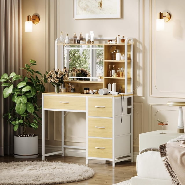 35.4" Vanity Desk with Mirror & Adjustable LED Lights, 4 Fabric Drawers & Shelves, Dressing Table for Bedroom, Nature