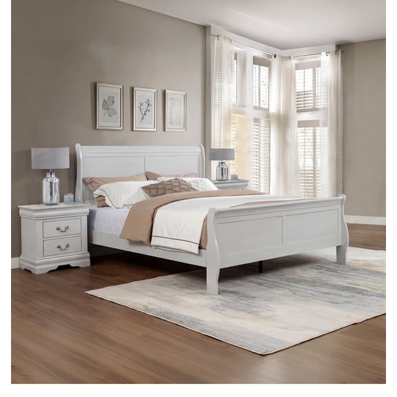 3pc Bedroom Set Louis Phillipe Greige Finish Full Size Panel Sleigh Bed Nightstands Two Storage Drawers Wooden Bedroom Furniture