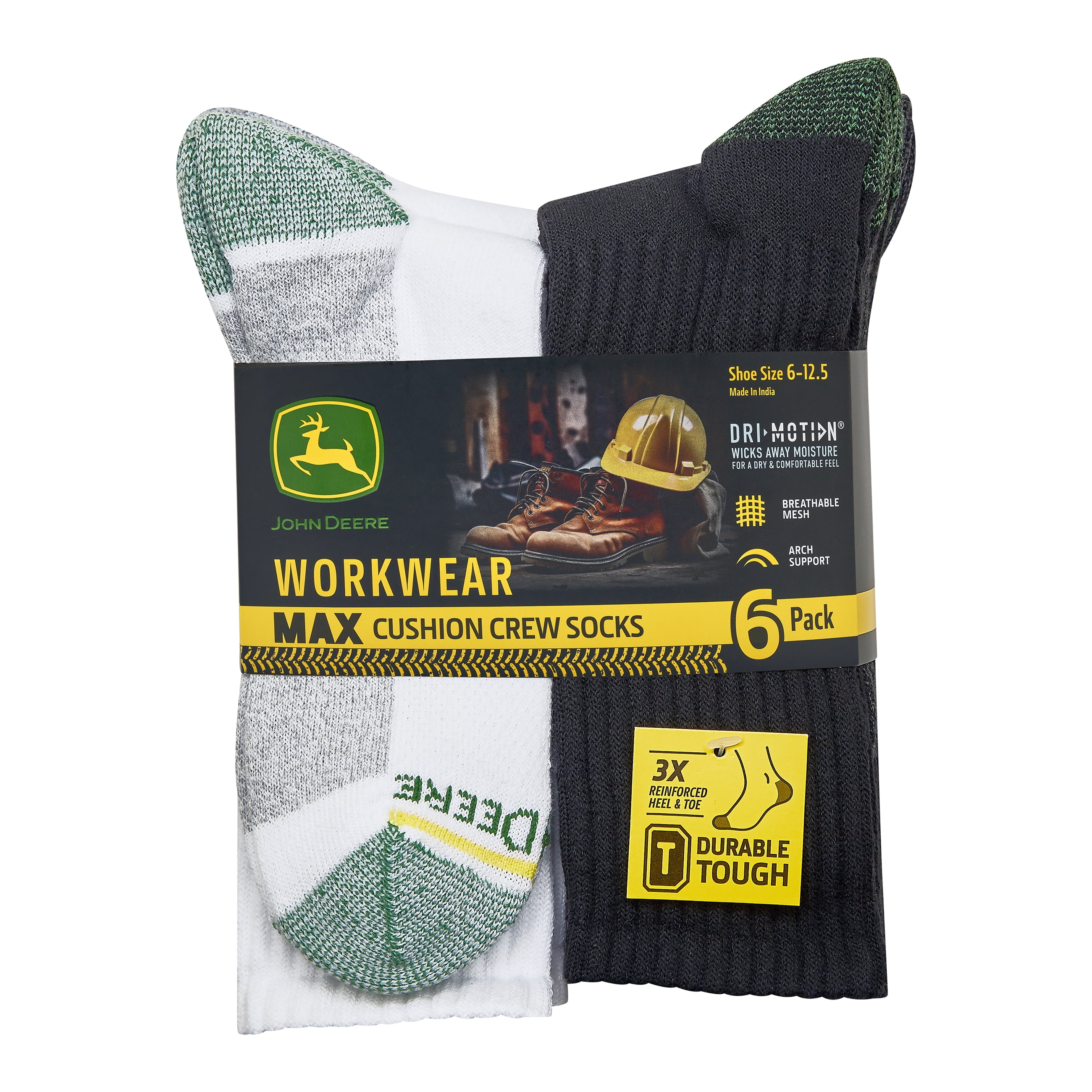 John Deere Men's Socks, Workwear Max Cushion Crew Socks, 6-Pack