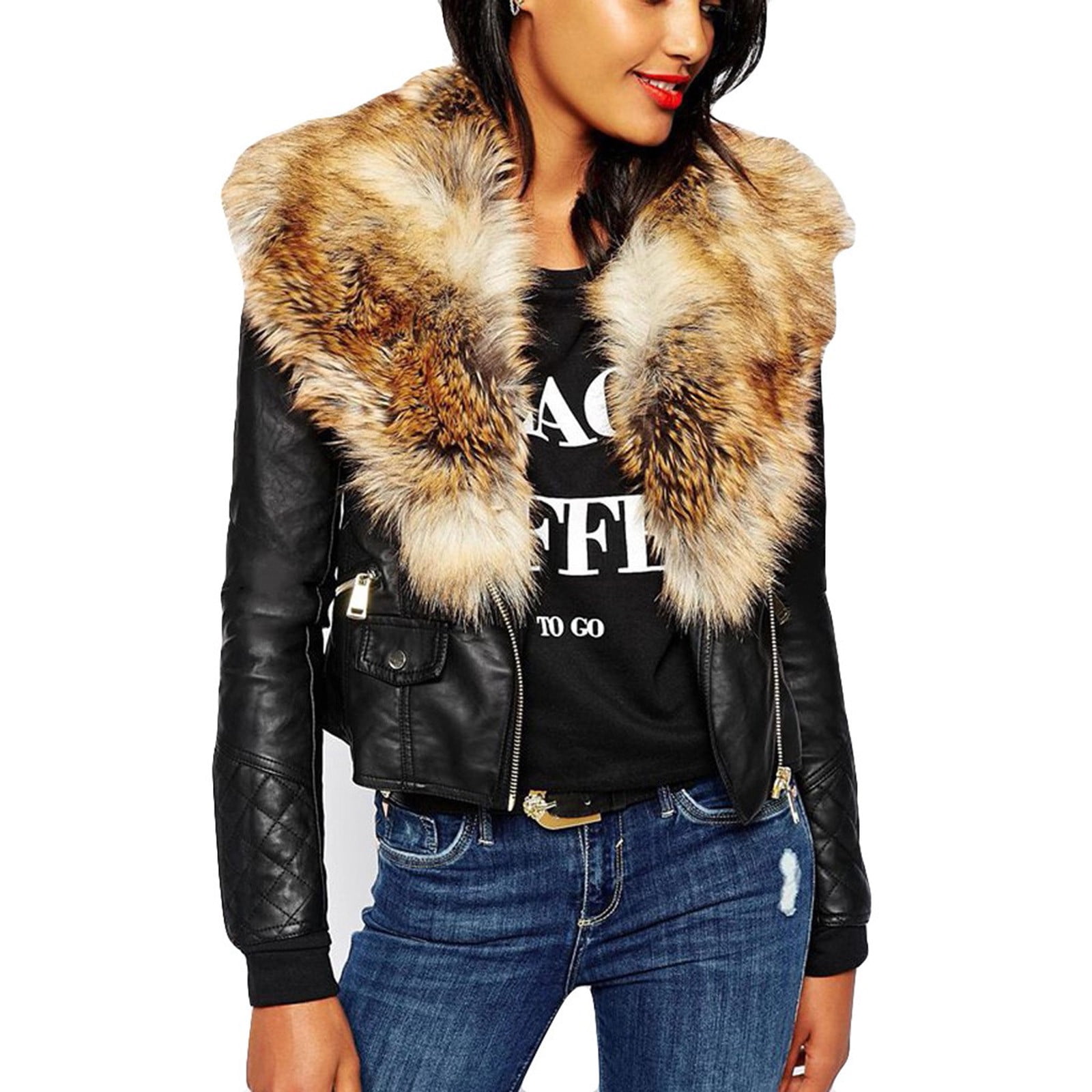 Women Cropped Faux Leather Jacket with Faxu Fur Collar Long