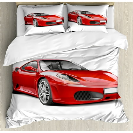 European Style Set Teen Room Duvet Cover Set, Fancy Italian Super Car Modern Style New Automobile European Design, Decorative Bedding Set with Pillow Shams, Red and Charcoal Grey, by Ambesonne ()