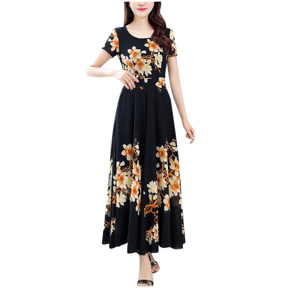 Women's Casual Dress Elegant O-Neck A-Line Long Sleeve Short Sleeve Printed Dress for Everyday Wear on Platform Black L