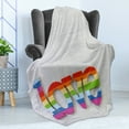 thumbnail image 4 of Pride Soft Flannel Fleece Throw Blanket, Rainbow Colored Love Sign on Wooden Backdrop LGBT Homosexuality Community Culture, Cozy Plush for Indoor and Outdoor Use, 50" x 60", Multicolor, by Ambesonne, 4 of 5