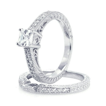 Cable Design Rhodium Plated Ring (Princess Cut Center Cubic Zirconia Pattern Design Wedding Ring Rhodium Plated Sterling Silver Size)