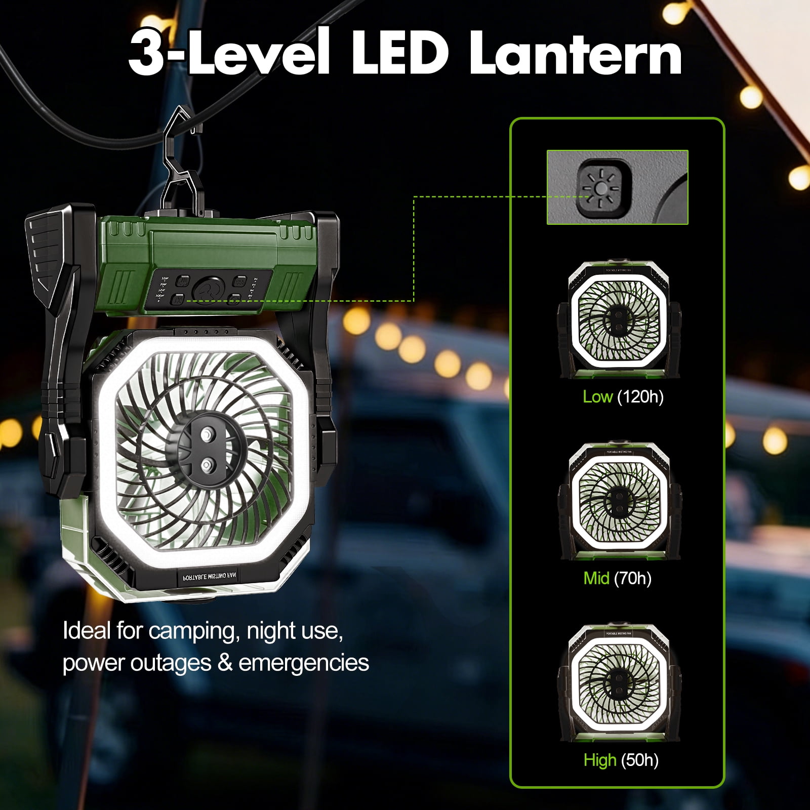 Henotian Camping Fan and Misting Desk Fan, 20000mAh Rechargeable Portable Fan with 320ml Water Tank, LED Lantern for Home, Patio, Travel