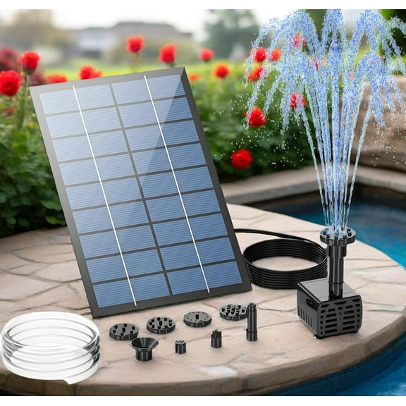 2.5W Solar Fountain Pump, Outdoor DIY Solar Water Fountain with 6 Nozzles and 4ft Water Pipe, Solar Powered Pump for Bird Bath, Ponds, Garden and Fish Tank Garden