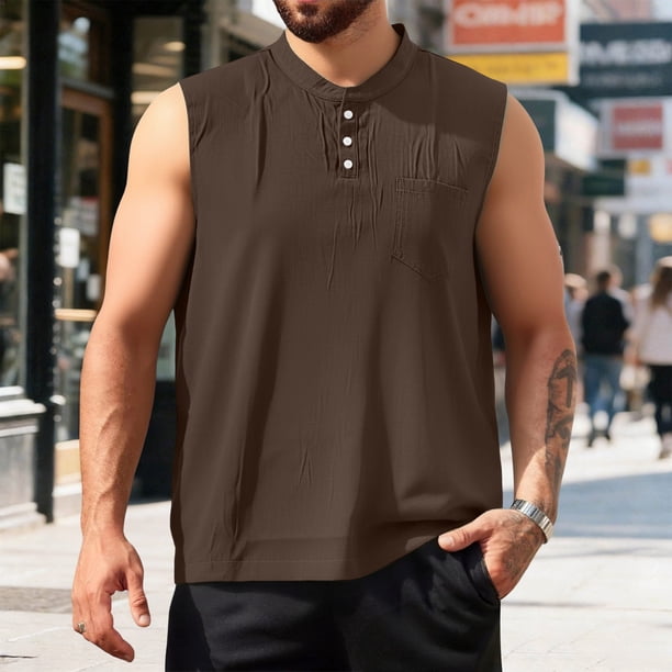 Ceisia Men's Relaxed Fit Henley Neck Sleeveless Tank Top with Chest Pocket for Casual Daily Wear Brown L Gifts
