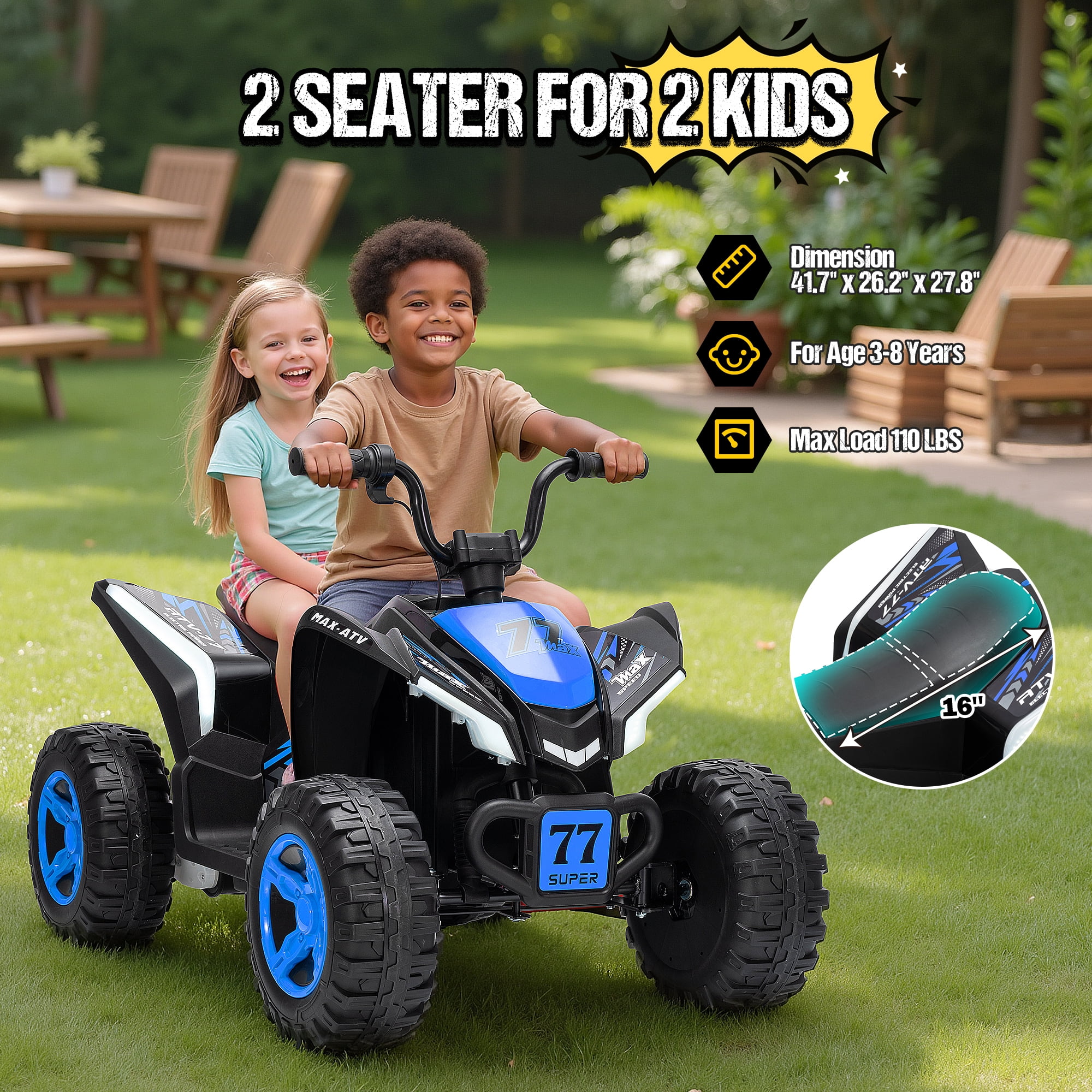 Kids ATV 4 Wheeler, Two Seater 24V Ride On Toy for Big Kid w/Unique LED Light, Music, Wireless, Story, 24 Volt Ride on Car Electric Quad for Boys Girls, Blue