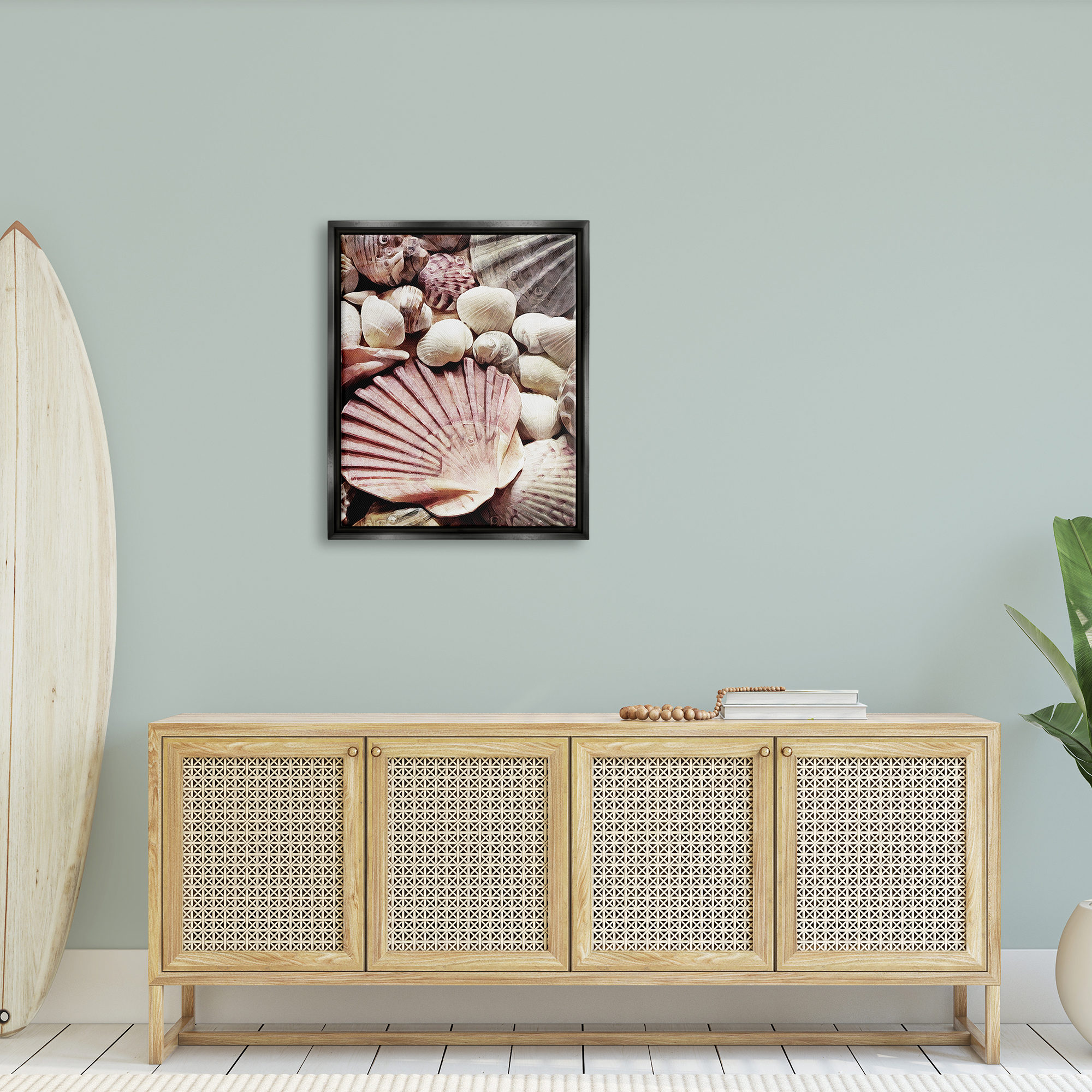 Stupell Stacked Coastal Seashells Landscape Photography Black Floater Framed Art Print Wall Art