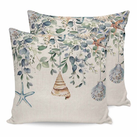 24x24 Pillow Covers Set of 2, Blue Eucalyptus Coastal Square Throw Pillow Covers for Couch/Sofa/Living Room, Starfish Shell Summer Decorative Soft Pillowcases for Couch Throw Pillows