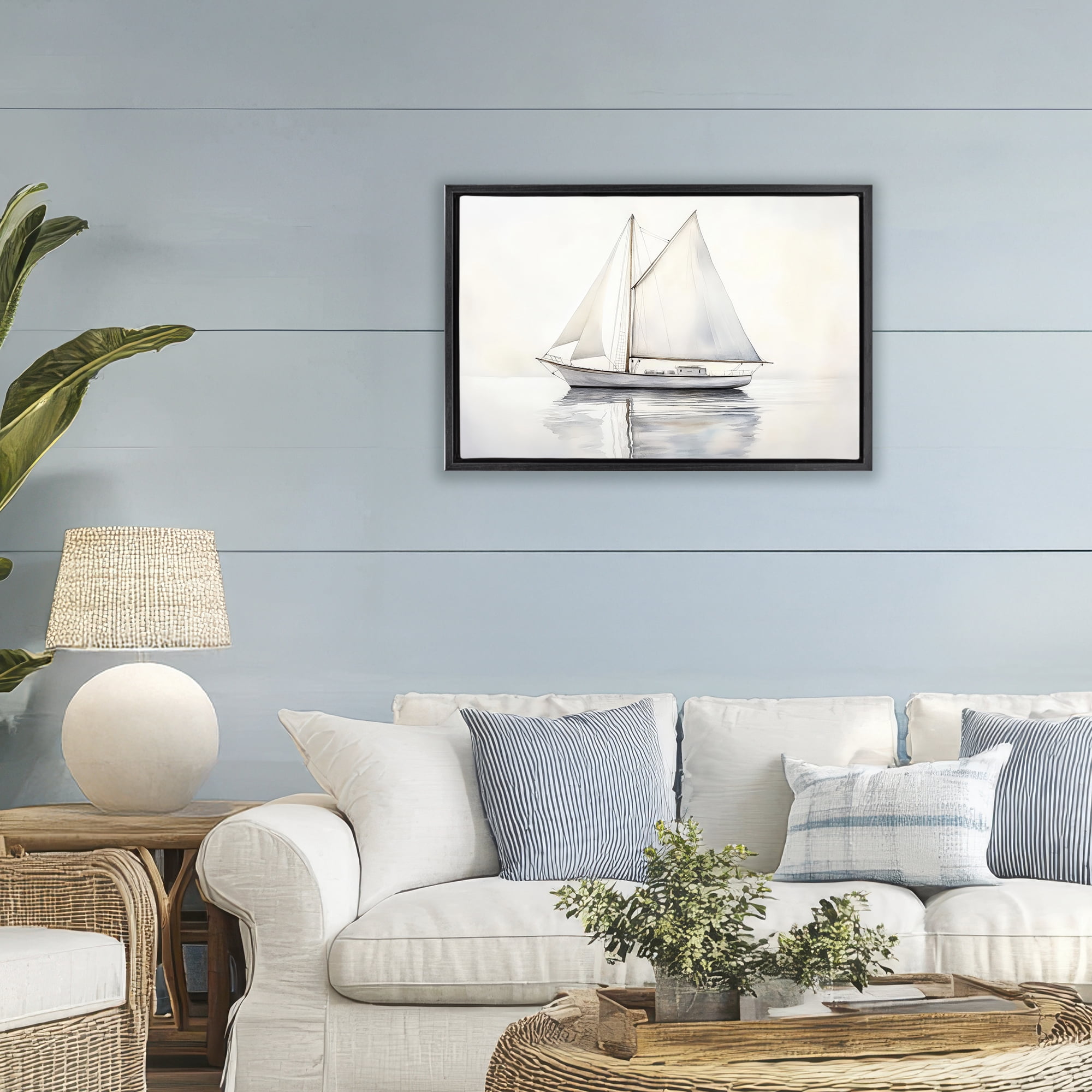 Stupell Industries Neutral Sailboat Reflection Black Framed Floater Canvas Wall Art, design by Petal Prints Design
