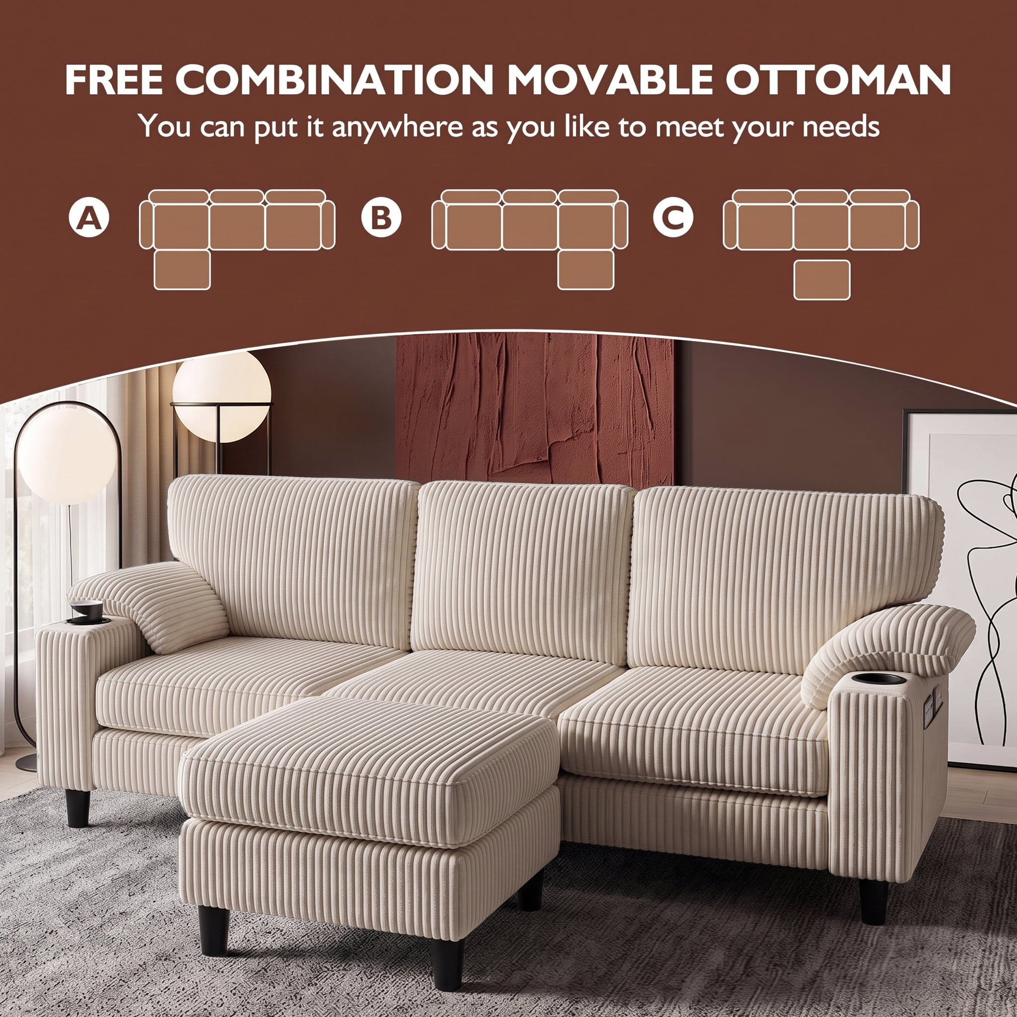 Xiweot 80" L Shaped Sectional Sofa, 3 Seater Convertible Couch with Storage Ottoman, Charging Ports & Cup Holders, Corduroy Comfy Upholstered Sofa for Living Room Apartment, Beige