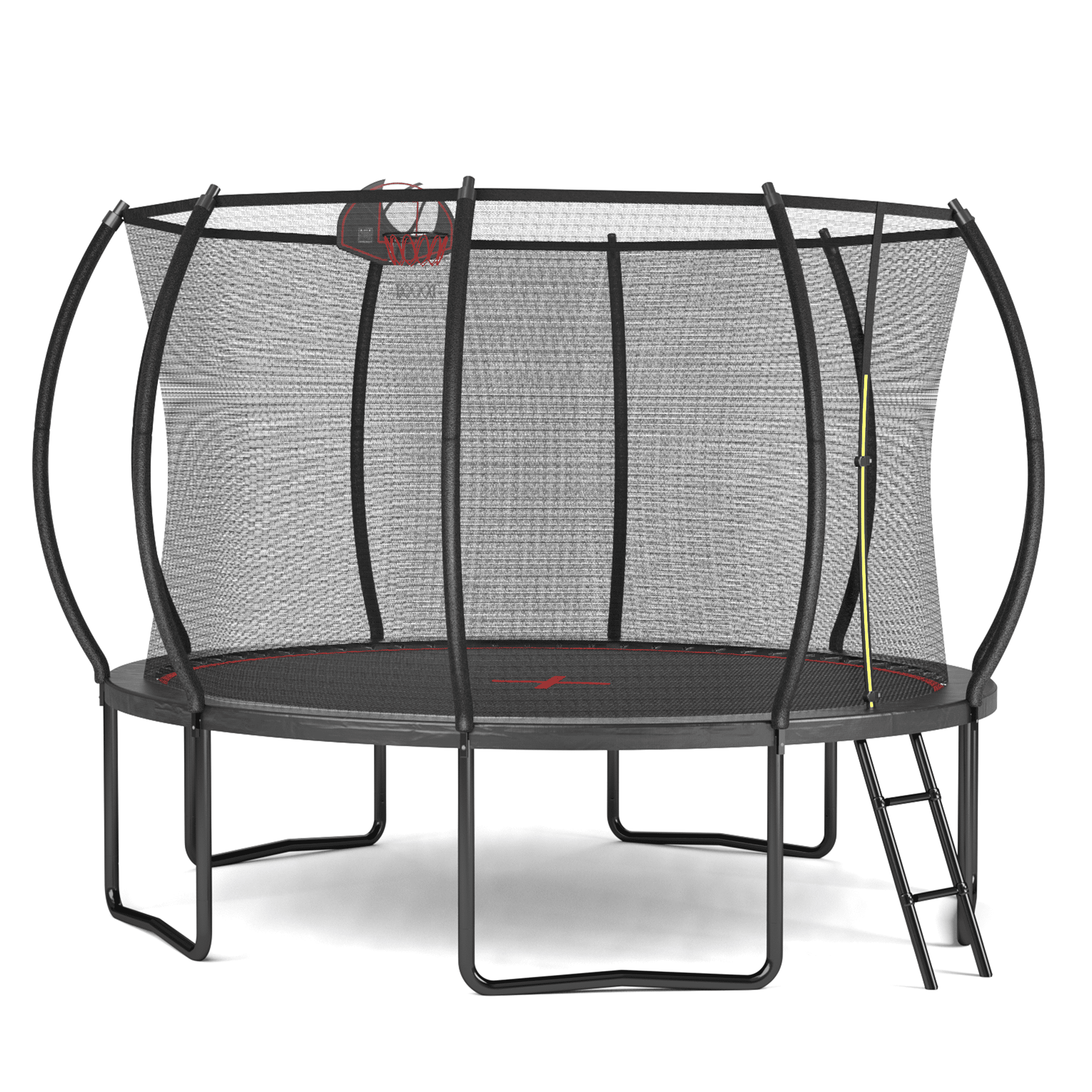 JERFIT 12FT Trampoline with Safety Enclosure Net, Basketball Hoop & Ladder, Outdoor Jumping Mat for Kids, Black and Red