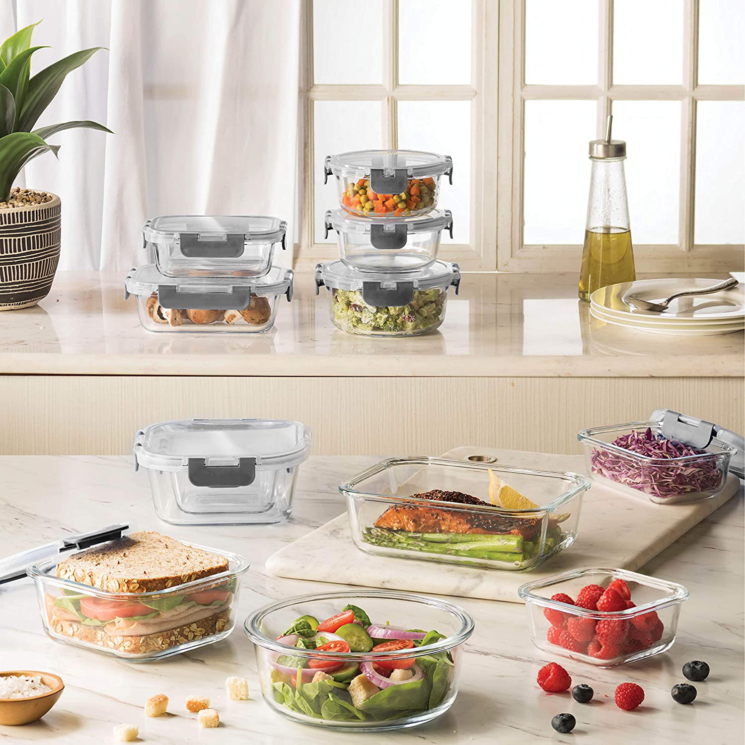 FineDine 12-Piece Superior Glass Food Storage Containers Set, 35oz Capacity  - Newly Innovated Hinged Locking lids - 100% Leakproof Glass Meal-Prep