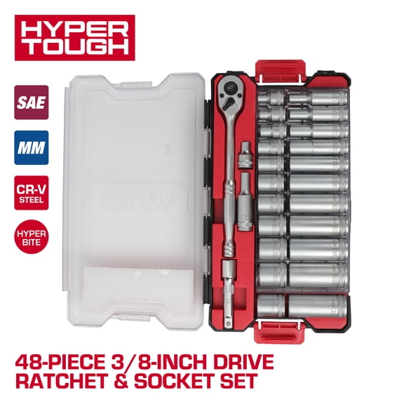 Hyper Tough 3/8 in Drive Ratchet and Socket Set, SAE and Metric, 48 Pieces