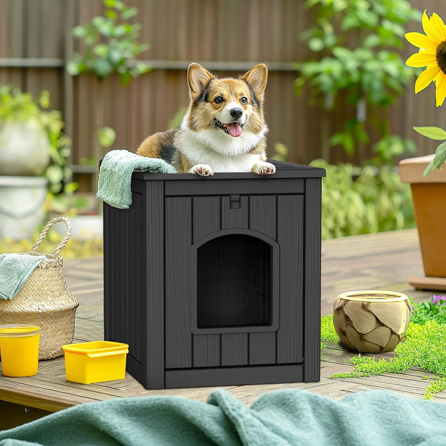 Outdoor Indoor Dog House,Resin Material Ventilate Waterproof Added to The Bottom,Multi-Functional Pet House for Small to Medium Dog(Black, Medium)