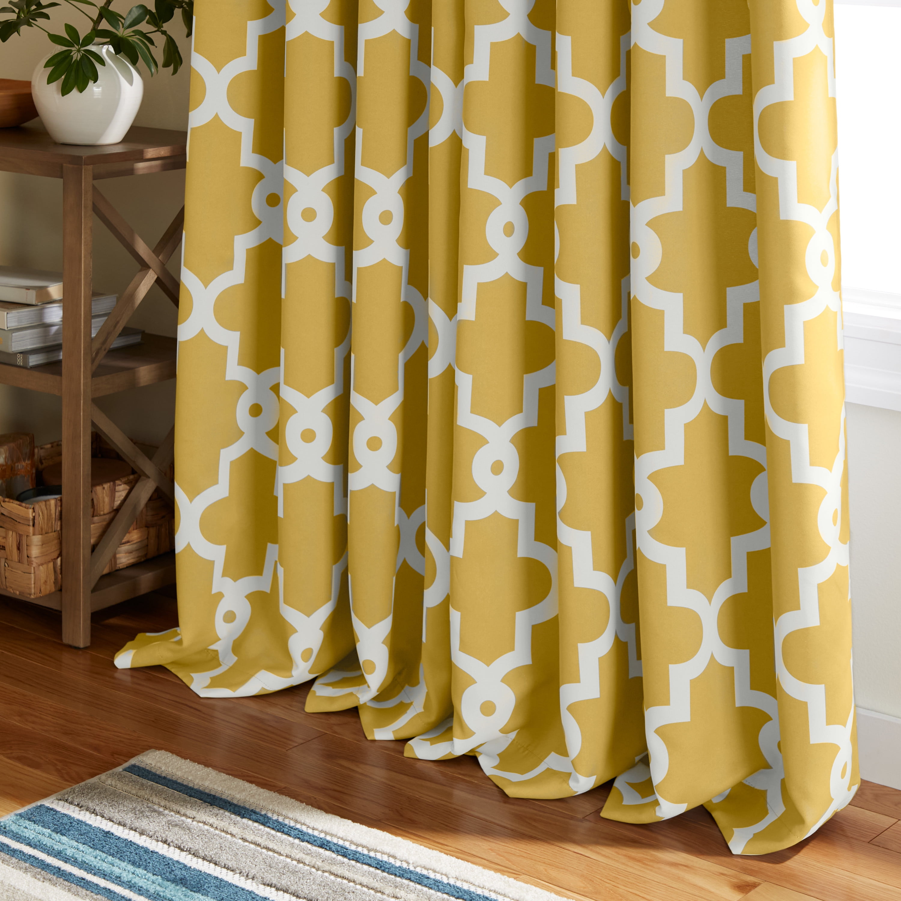 TOWN & COUNTRY EVERYDAY Ironwork Geo Trellis Sateen Indoor Curtains, Room Darkening Blackout, Grommet Top, Energy Efficient, 2-Pack Set, 52"x108", Sundress Yellow