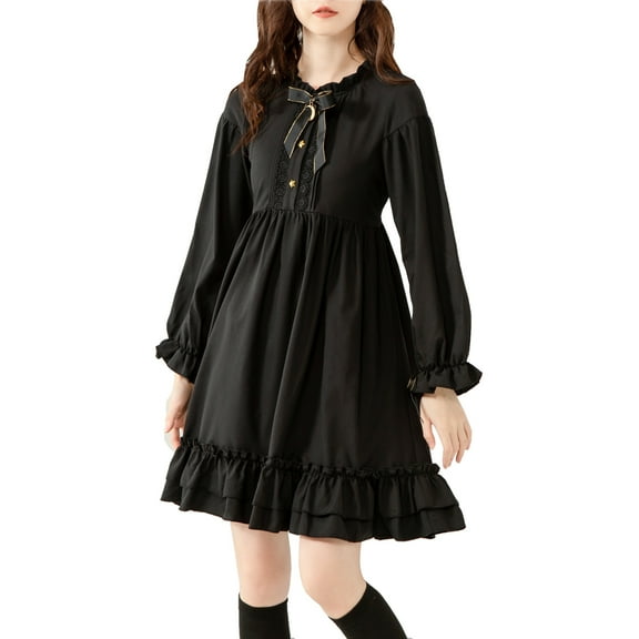 Japanese Gothic Moon Pattern Long Sleeve Teen Girls Dress Retro Elegant Solid Loose Princess Dresses