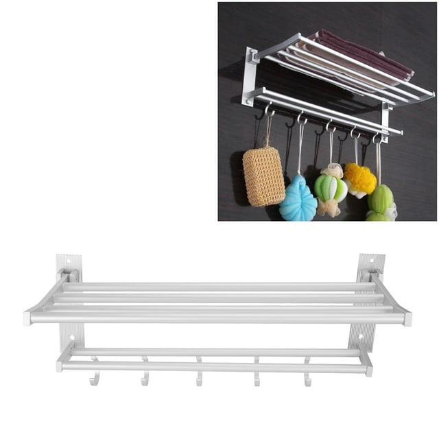 Ccdes Bathroom Shelf,40cm Shower Shelf Foldable Aluminum Bathroom Towel Coat Rack With 5 Hooks Silver,Shower Shelf