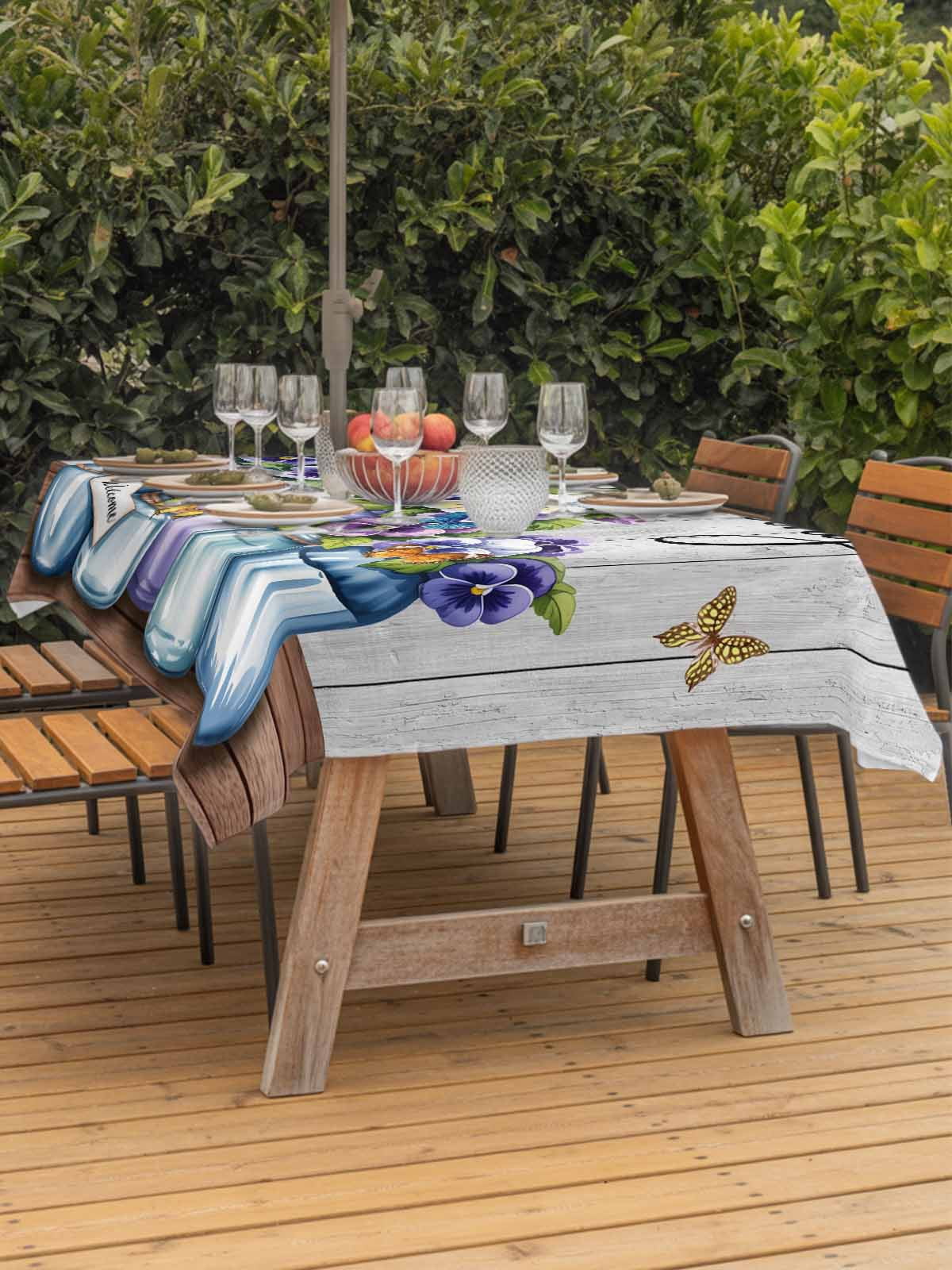 Hello Spring Outdoor Tablecloth - 60x120 Inch Rectangle Dining Table Cover, Pastoral Purple Bottle Floral Gray Wooden Waterproof Outdoor Table Cloth with Umbrella Hole & Zipper for Picnic/Patio/Party