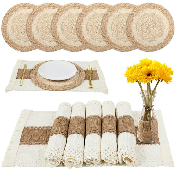 Bohemian Placemats Set of 6, Woven Tablemats and Cotton Burlap Table Runners with Tassels, Farmhouse Bohemian Placemats, Round & Rectangle Table Mats for Dining Table