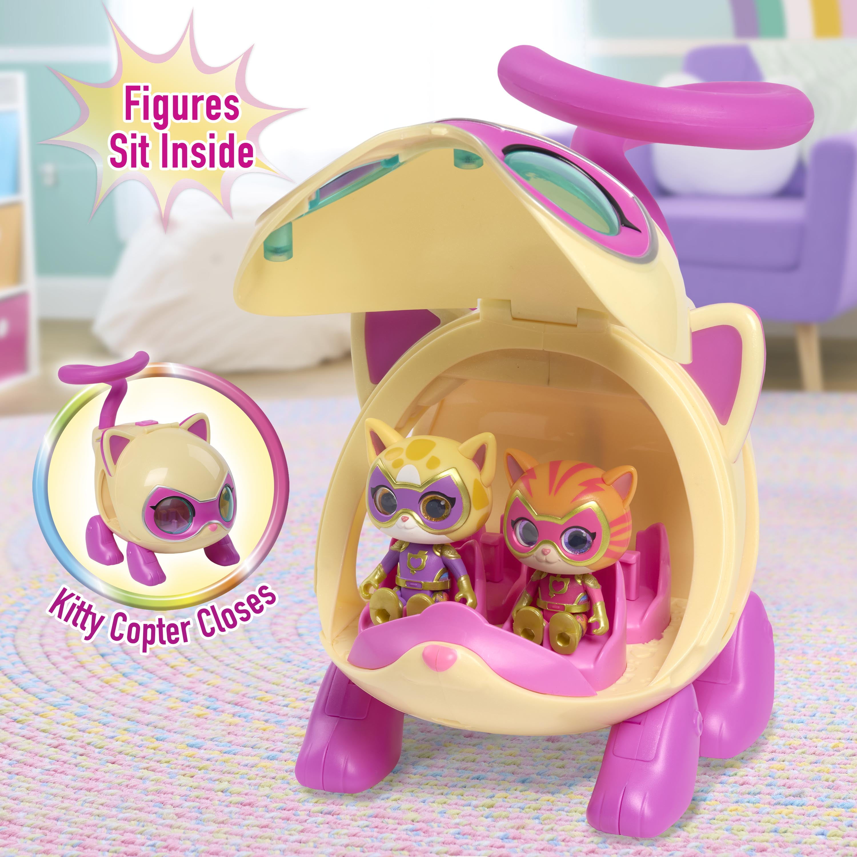 Disney Junior SuperKitties Lights and Sounds SuperKitty Copter, 3 Pieces, Poseable Figures, Ages 3+, DISNEY SK KITTY- COPTER