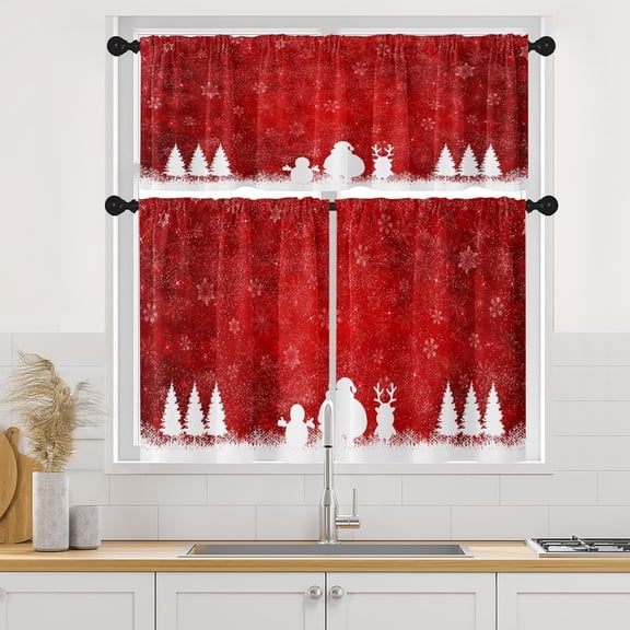 Christmas Snowflakes Tree Kitchen Curtains Window Curtains and Valances Set 36 Inch, Retro Starry Vintage Winter Xmas Short Tier Curtain for Kitchen, Red Christmas Small Kitchen Decor