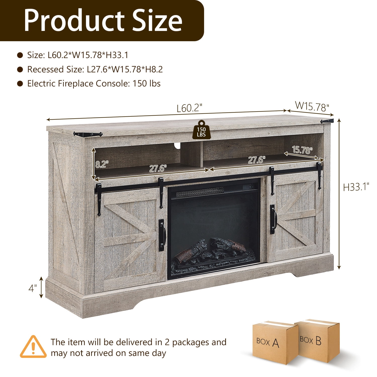 KeyWhat Farmhouse Fireplace TV Stand for TVs up to 70", 24" Electric Fireplace & Barn Door