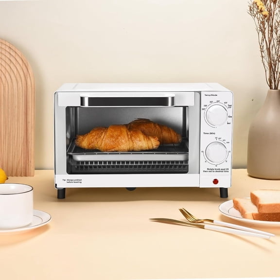 Four-piece countertop oven for home baking, stainless steel and enamel, Arctic White, three baking settings with rack and baking pan included