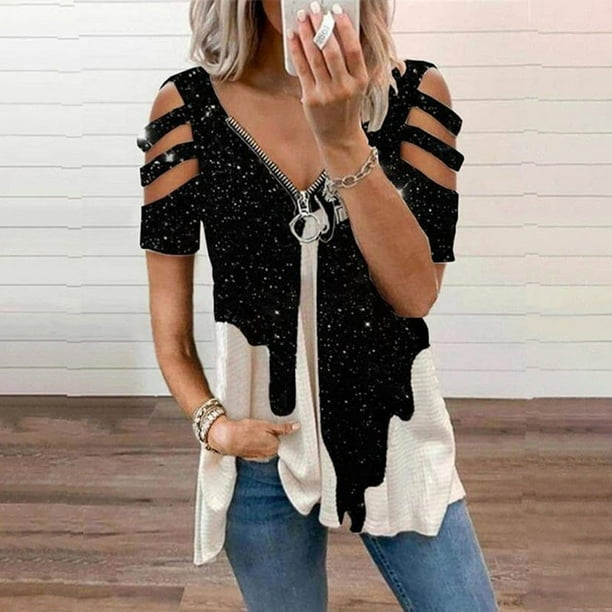 Pntutb moda mujer cuello pico manga corta tops camiseta verano estampado blusa suelta Pntutb Pntutb-2422