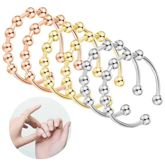 6PCS Anxiety Ring, Women's Anti Stress Ring, Anxiety Ring Adjustable, Stainless Steel Decompression Rings Set, Ring Spinner Ring, Ring with Beads for Women Men (Silver/Gold/Rose Gold)