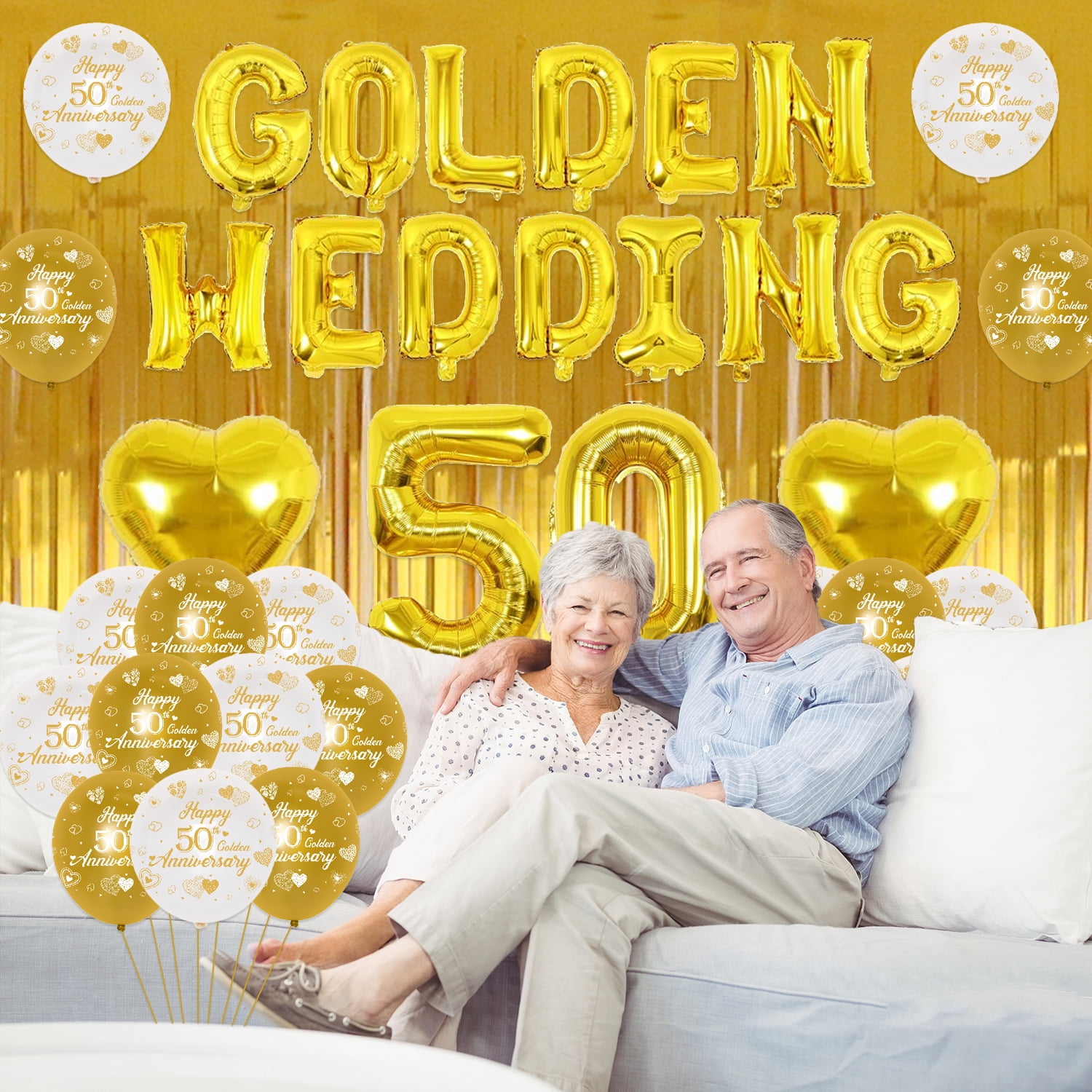 50th Anniversary Party Decoration Supplies, Golden Wedding Decorations, Golden Wedding Foil Balloons Banner Number 50 Set, for 50th Wedding Anniversary Party Decor