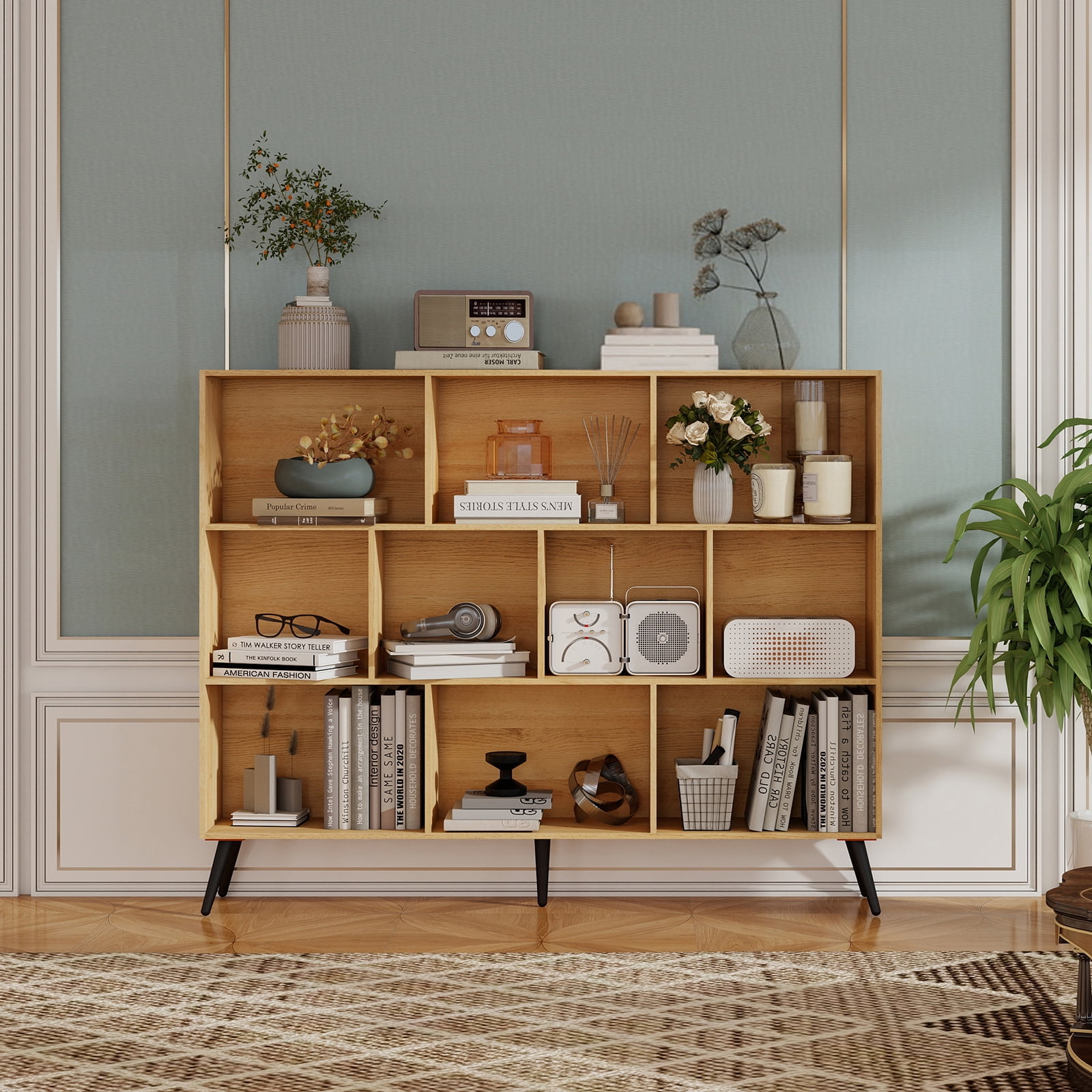 Tzou 10-Cube Bookshelf – 55" Large Storage Organizer with Anti-Tip, 3-Tier Wooden Bookcase for Living Room, Bedroom, Office – Open Shelf Display for Books, Toys, Decor
