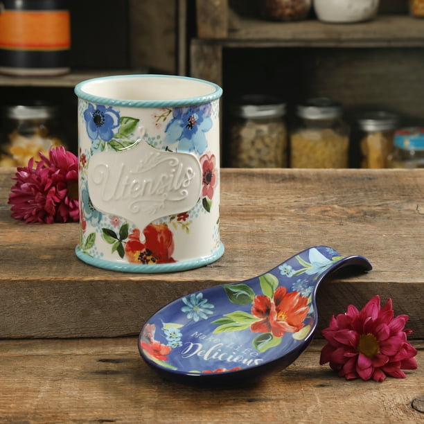 The Pioneer Woman Floral 2Piece Mini Stoneware Utensil Crock and Spoon