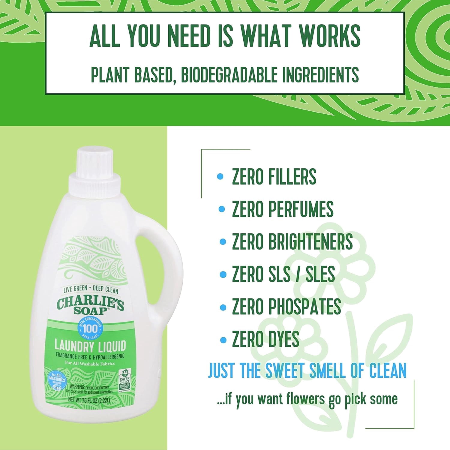 Charlie’s Soap Laundry Liquid (100 Loads, 1 Pack) Baby Gentle 75.0 Fl Oz Natural Deep Cleaning Hypoallergenic Laundry Detergent – Eco-Friendly, Safe and Effective