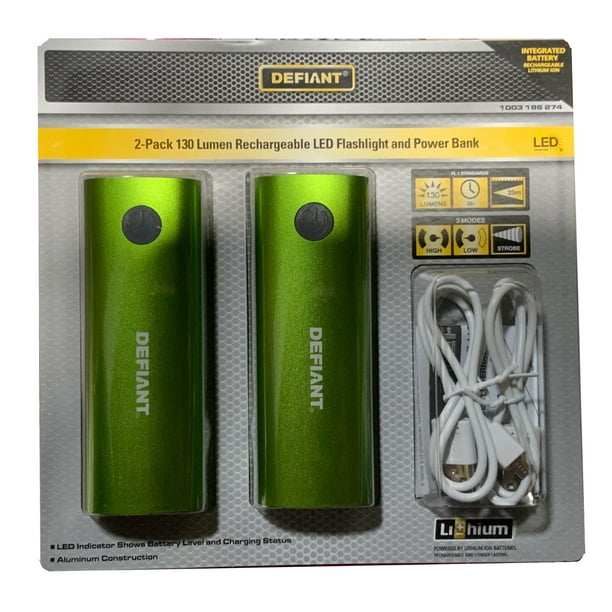 Defiant 2Pack 130 Lumen Aluminum Rechargeable LED Flashlight