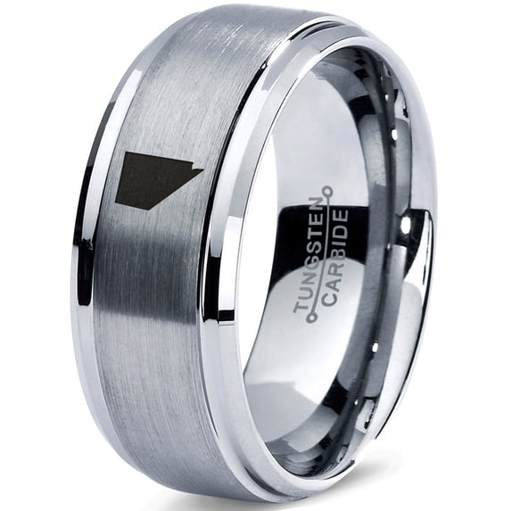 Tungsten Nevada The Silver State Band Ring 8mm Men Women Comfort Fit Gray Step Bevel Edge Brushed Polished
