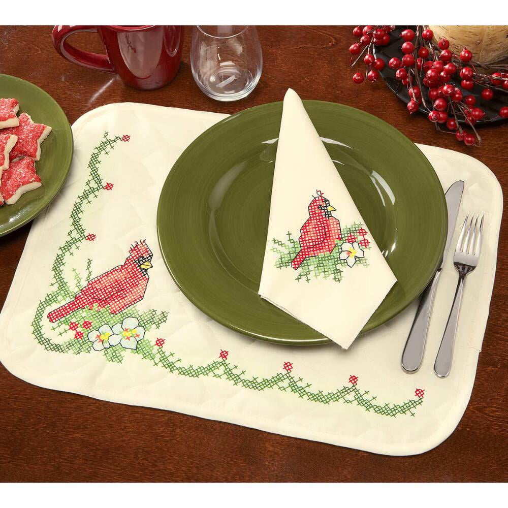 Herrschners Christmas Birdhouse Stamped Cross Stitch Table Runner & Napkins 