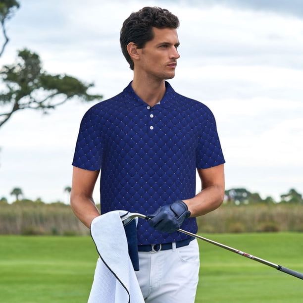 Saiise Navy Blue Print Mens Golf Shirt Moisture Wicking Quick-Dry